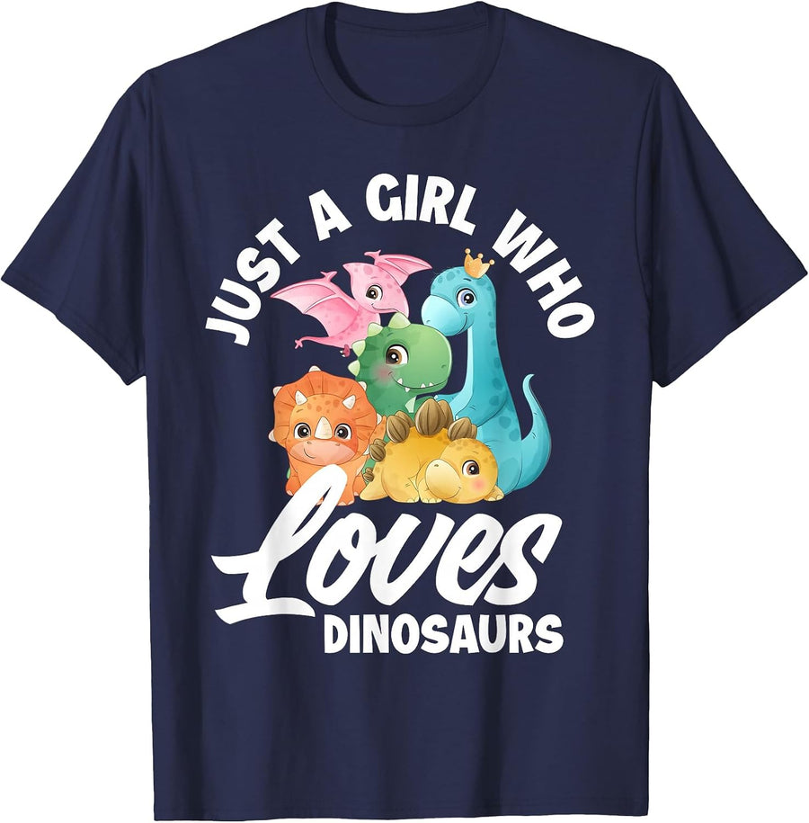 Just A Girl Who Loves Dinosaurs Dino Girls Dinosaur Lover T-Shirt - Navy Blue