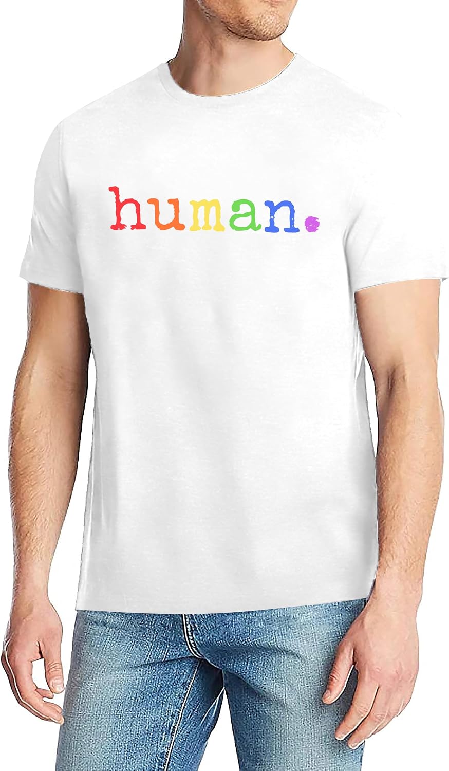 Pride Shirts Men: Human LGBTQ T Shirt Gay Pride Month Shirt Rainbow Graphic Tee LGBT Equality Blouse Tops - White