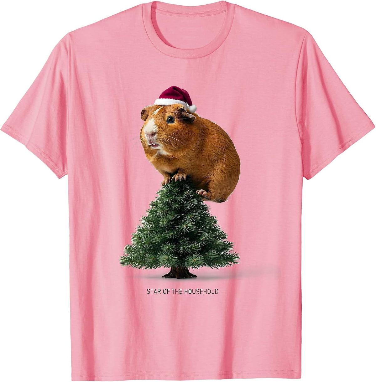 Men's Star Of The Household Funny Guinea Pig Christmas Santa Hat T-Shirt - Pink