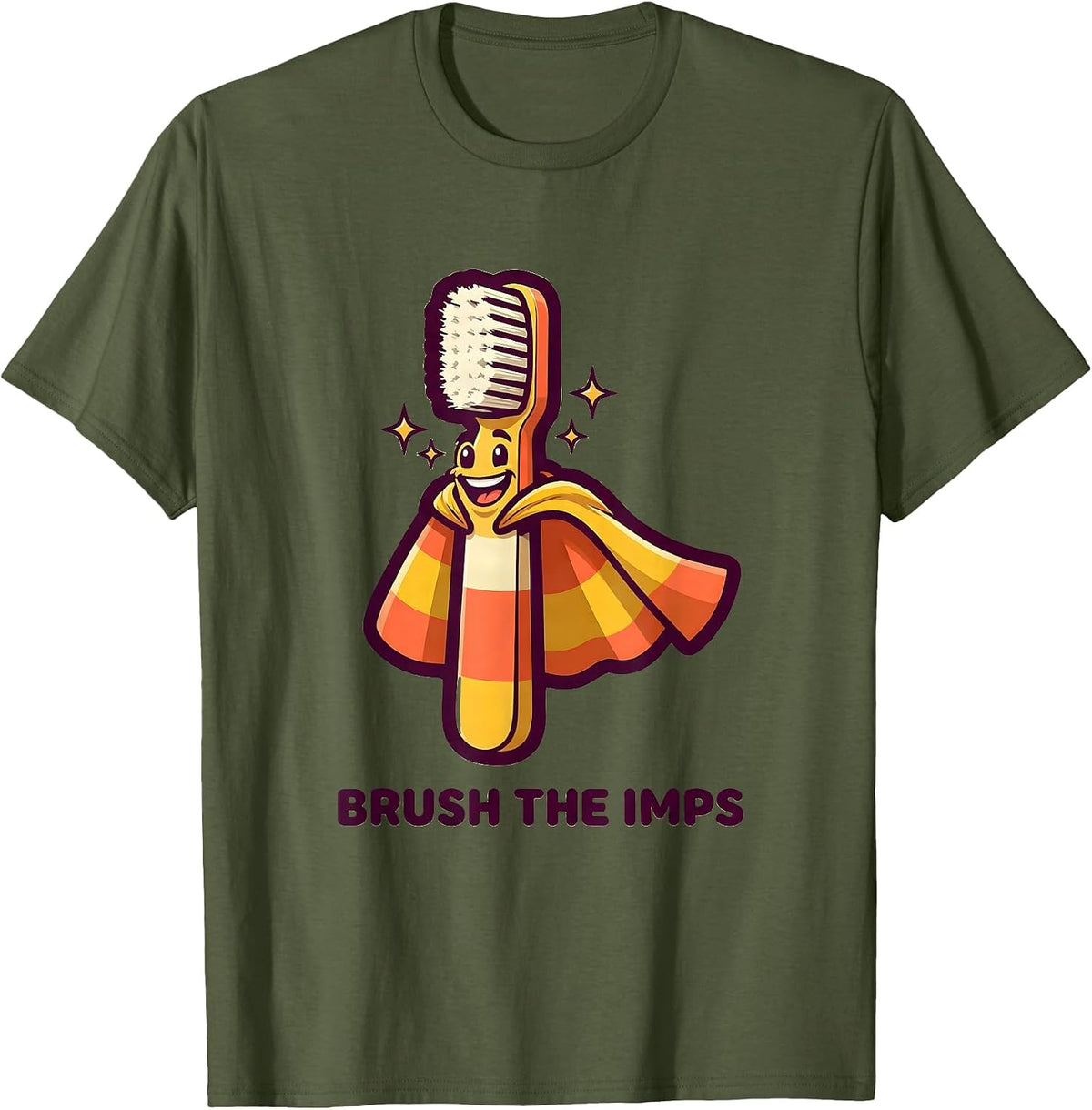 Men's Brush the Imps Mascot Logo Funny Dental Halloween Costume T-Shirt - Olive Green