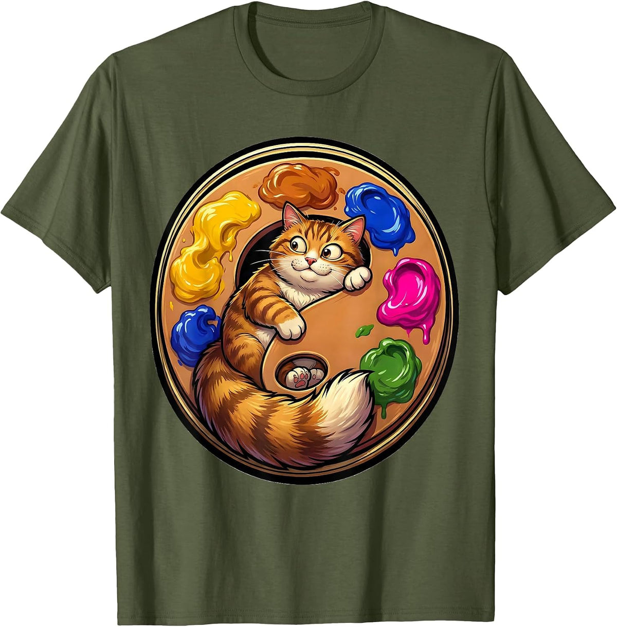 Men's Art Teacher Cat in Giant Paint Palette Design T-Shirt - Olive Green