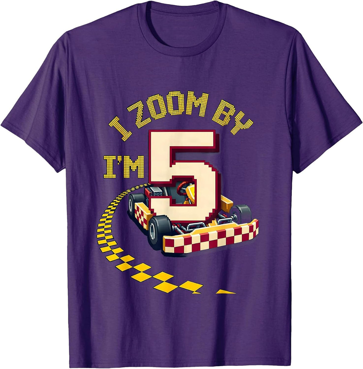 I Zoom By, I'm Five Pixel Art Race Car Birthday Kids T-Shirt - Purple