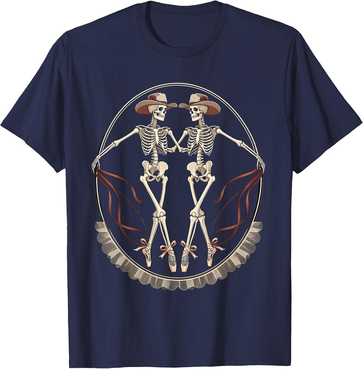 Men's Skeleton Cowboy Line Dancing Illustration T-Shirt - Navy Blue