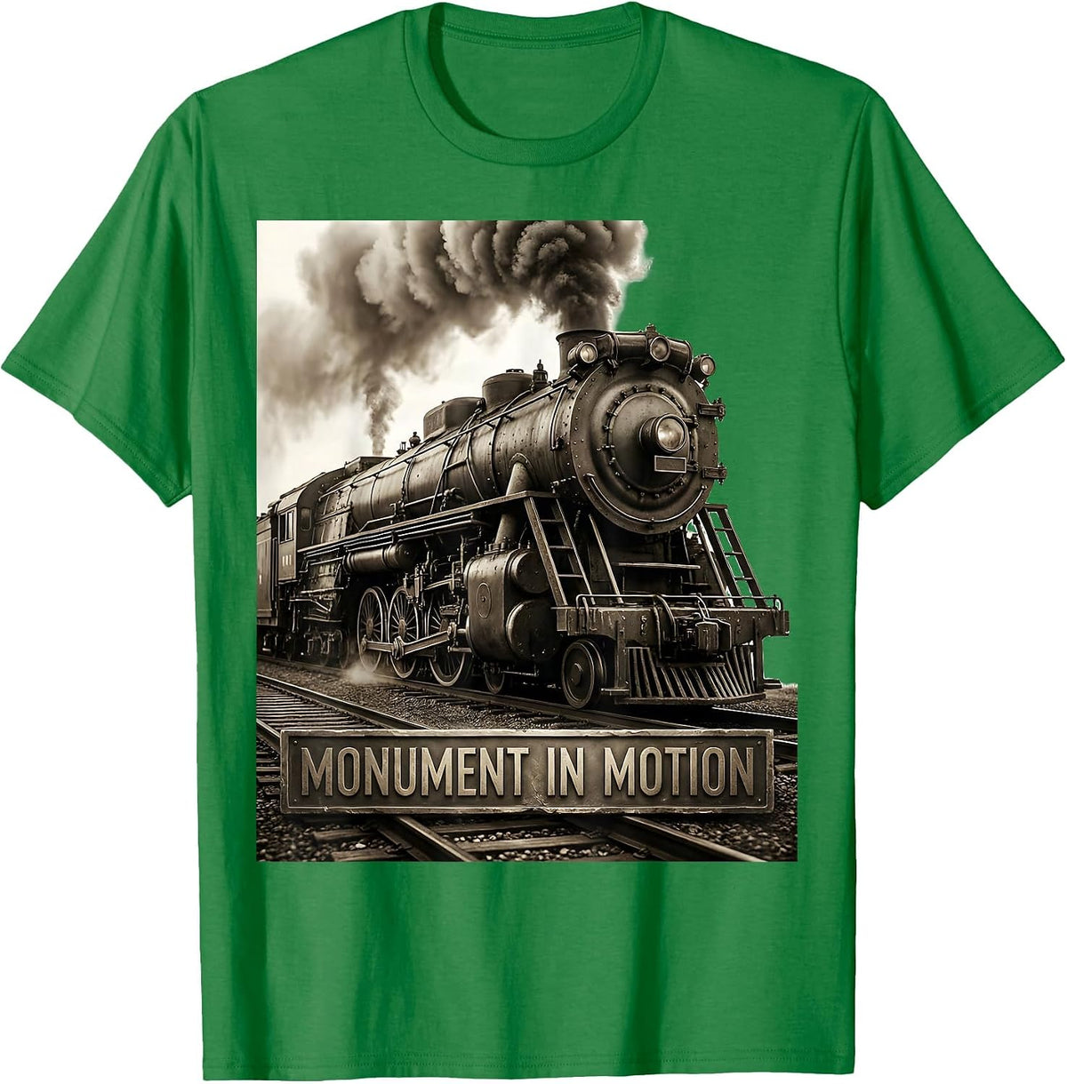 Men's Monument In Motion Monochromatic Steam Locomotive Railroad T-Shirt - Kelly Green
