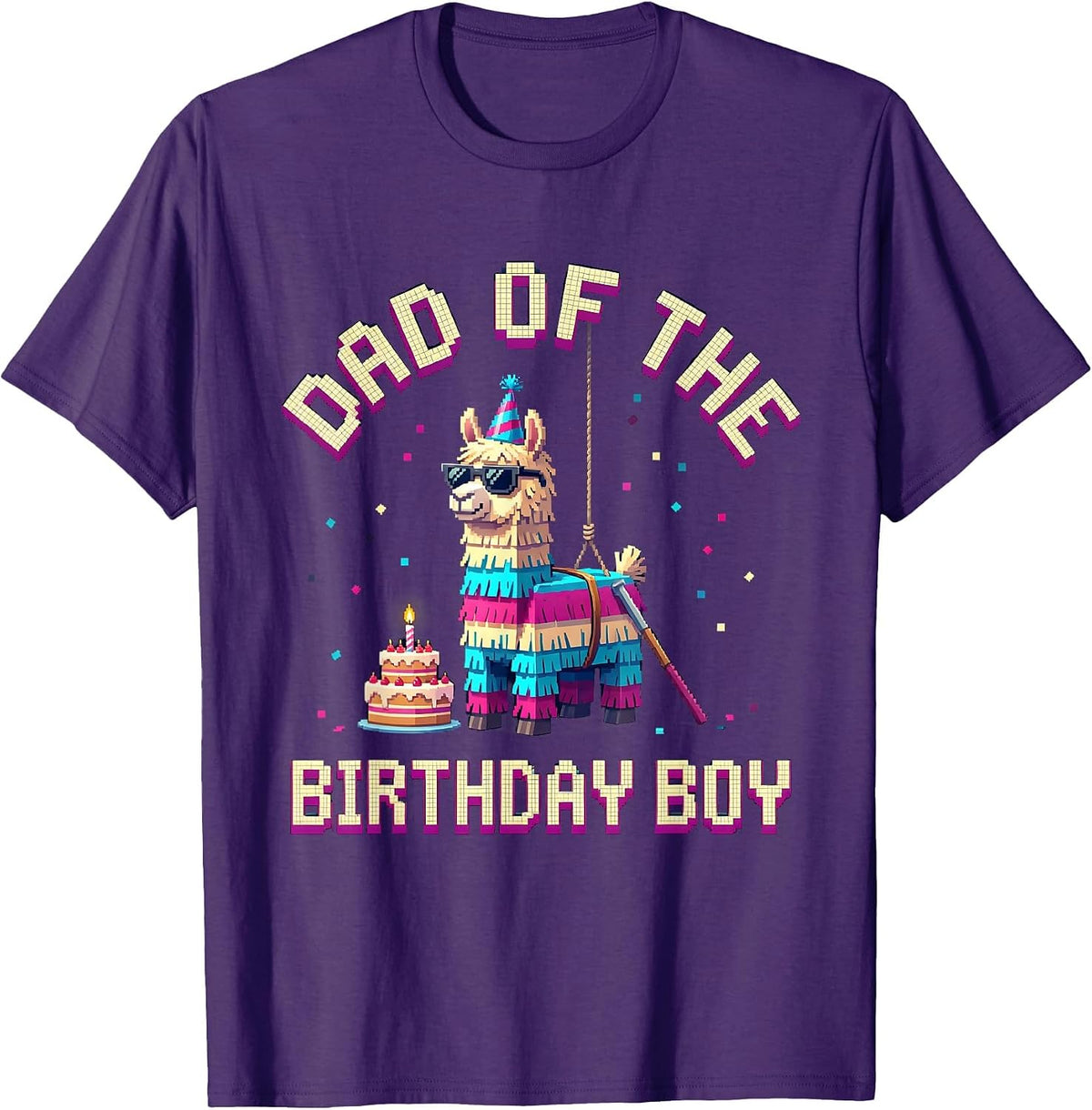 Dad Of The Birthday Boy Pixel Art Llama Pinata Gamer Party T-Shirt - Purple