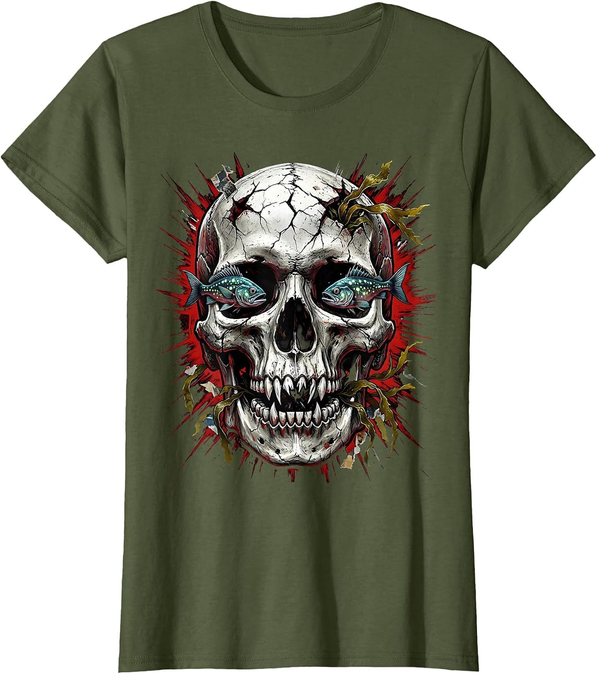 Women's Deep Ocean Skull Halloween Graphic Tee T-Shirt - Olive Green