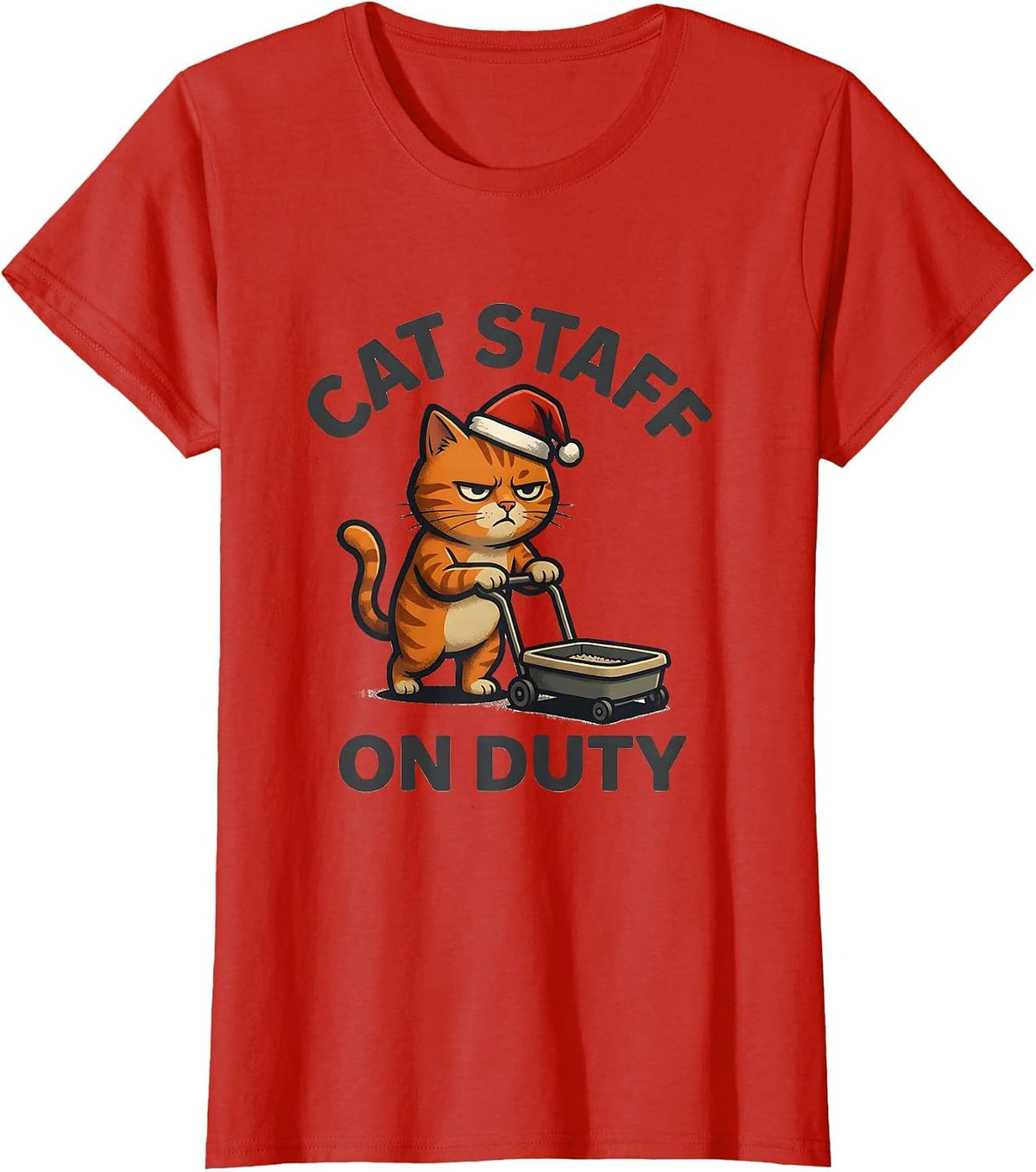 Cat Staff On Duty Funny Cat Lover Christmas Sarcastic T-Shirt - Red