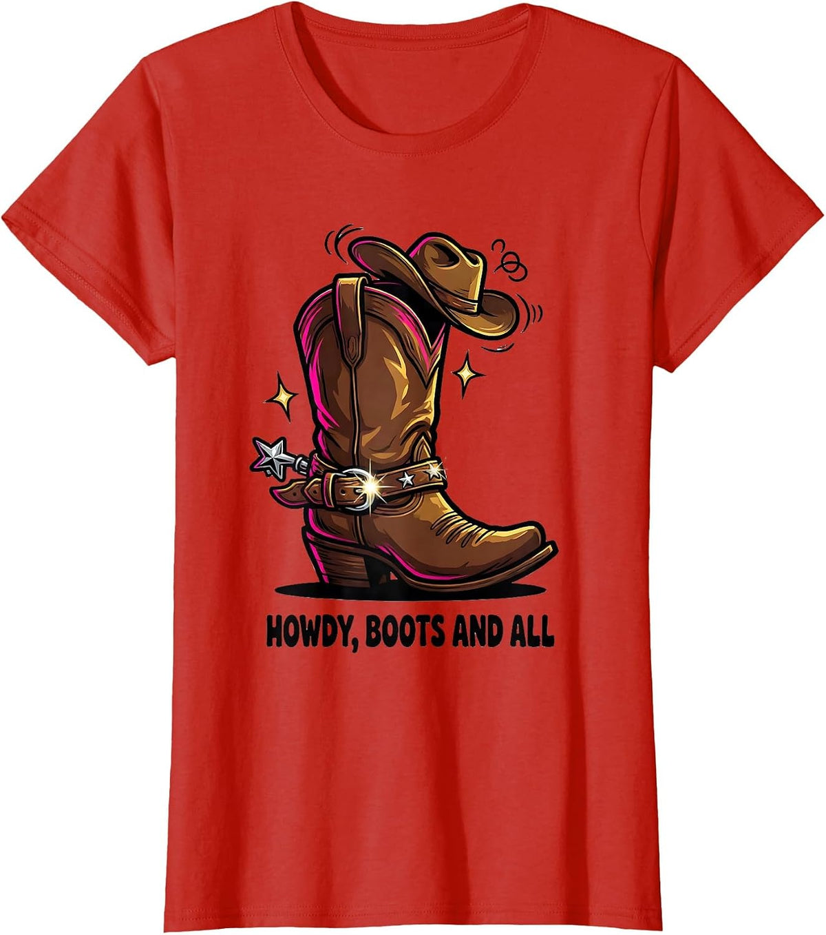Howdy, Boots and All Cartoon Cowgirl Boot Western Pride T-Shirt - Red