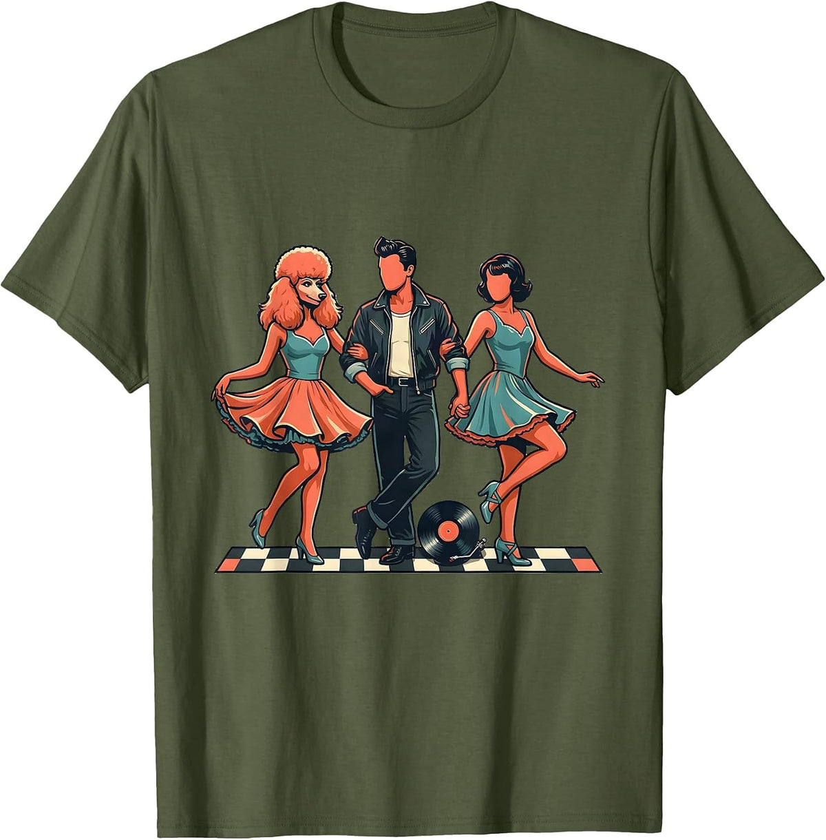 Linked 1950s Dance Line Trio Sock Hop Party T-Shirt - Olive Green