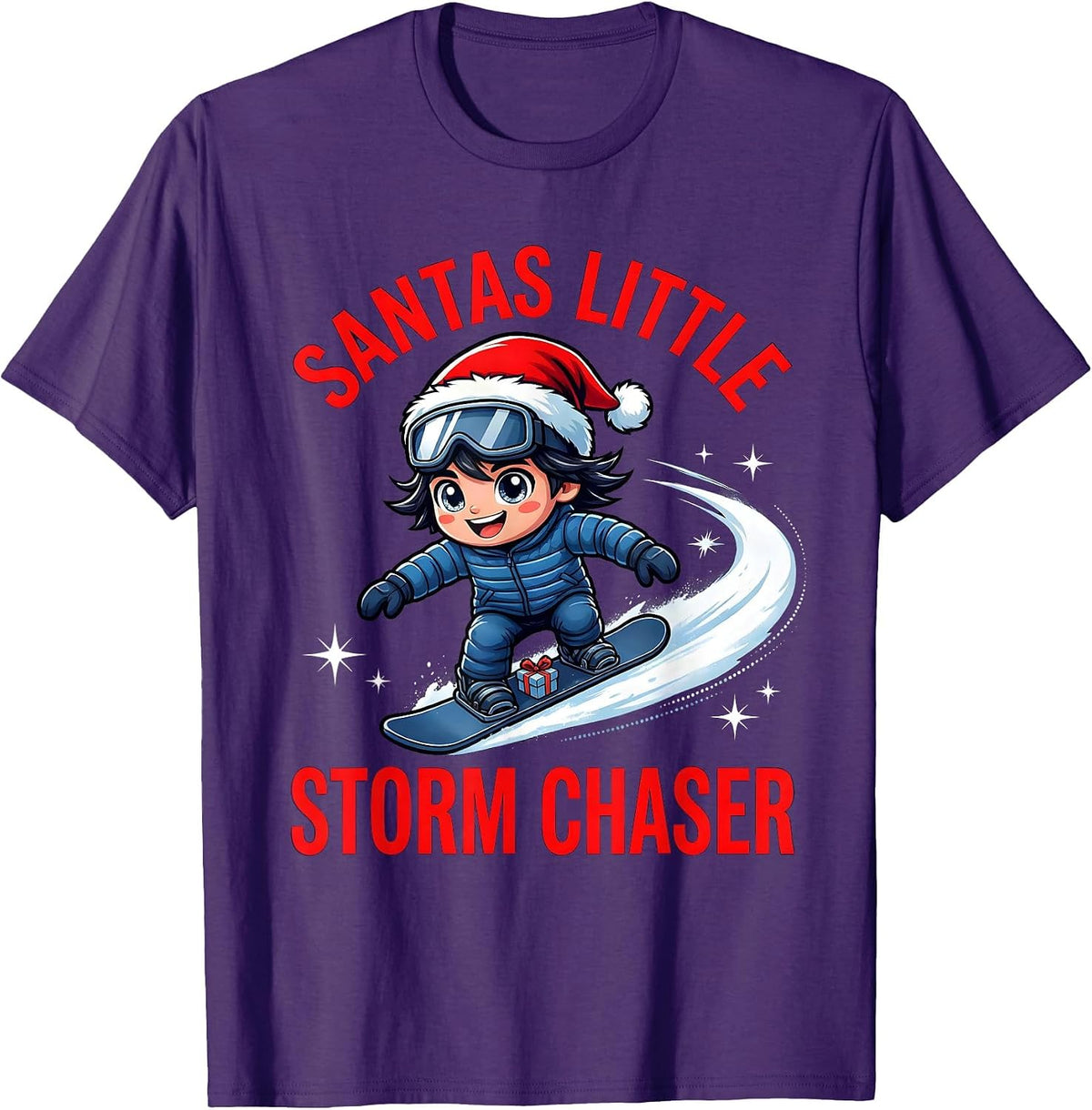 Men's SANTAS LITTLE STORM CHASER Cartoon Snowboarder Christmas T-Shirt - Purple