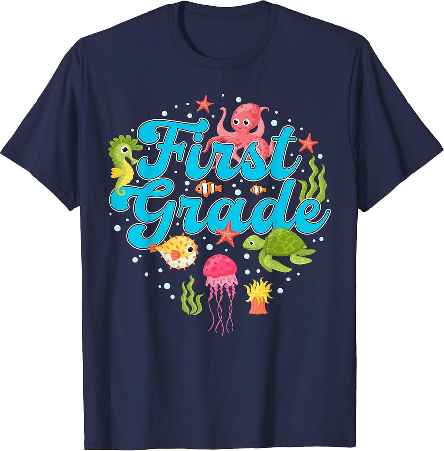 First Grade Teacher Under The Sea Turtle Fish Underwater T-Shirt - Navy Blue