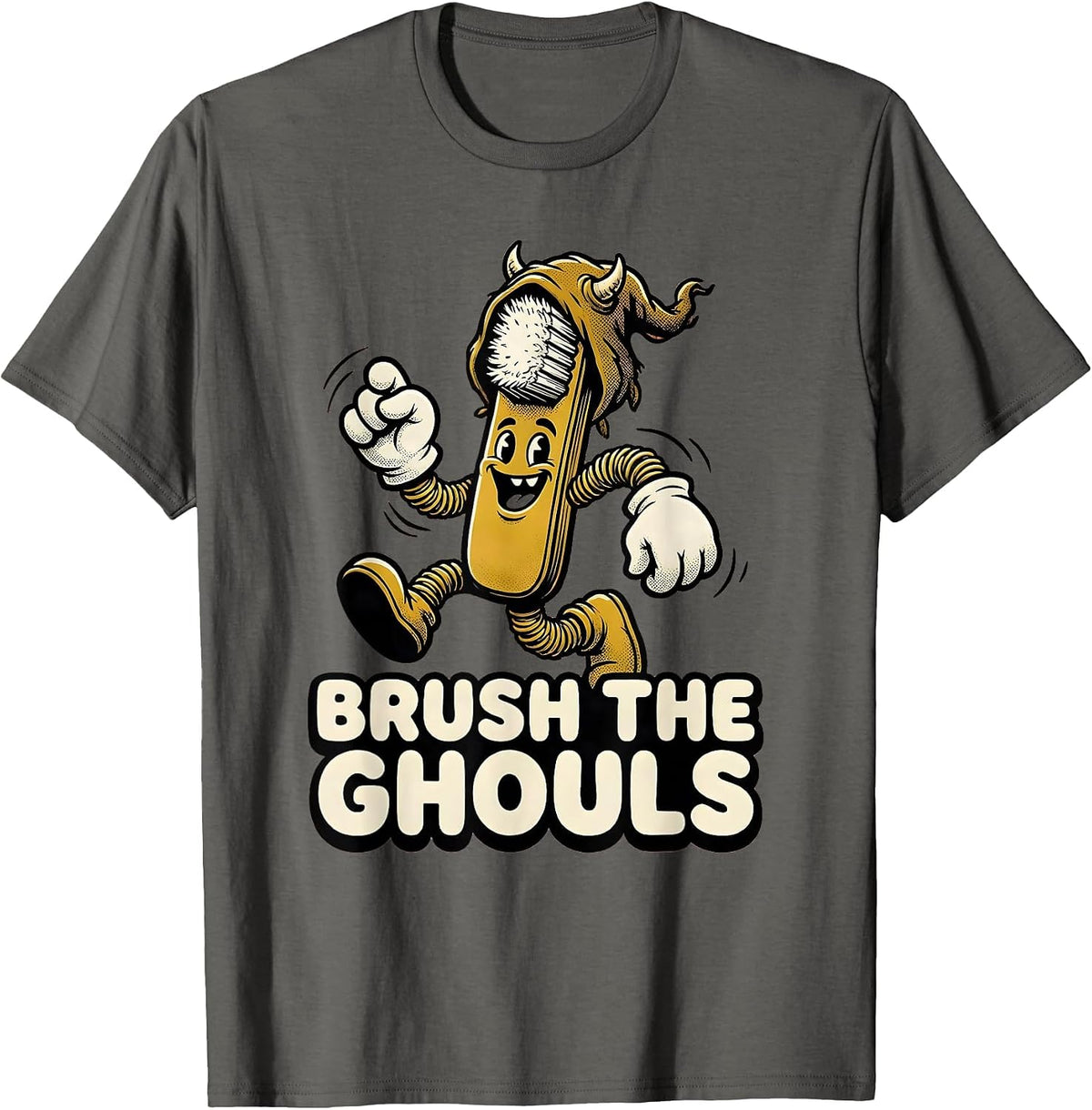 Men's Brush the Ghouls Retro Cartoon Halloween Dentist Dental T-Shirt - Asphalt Grey