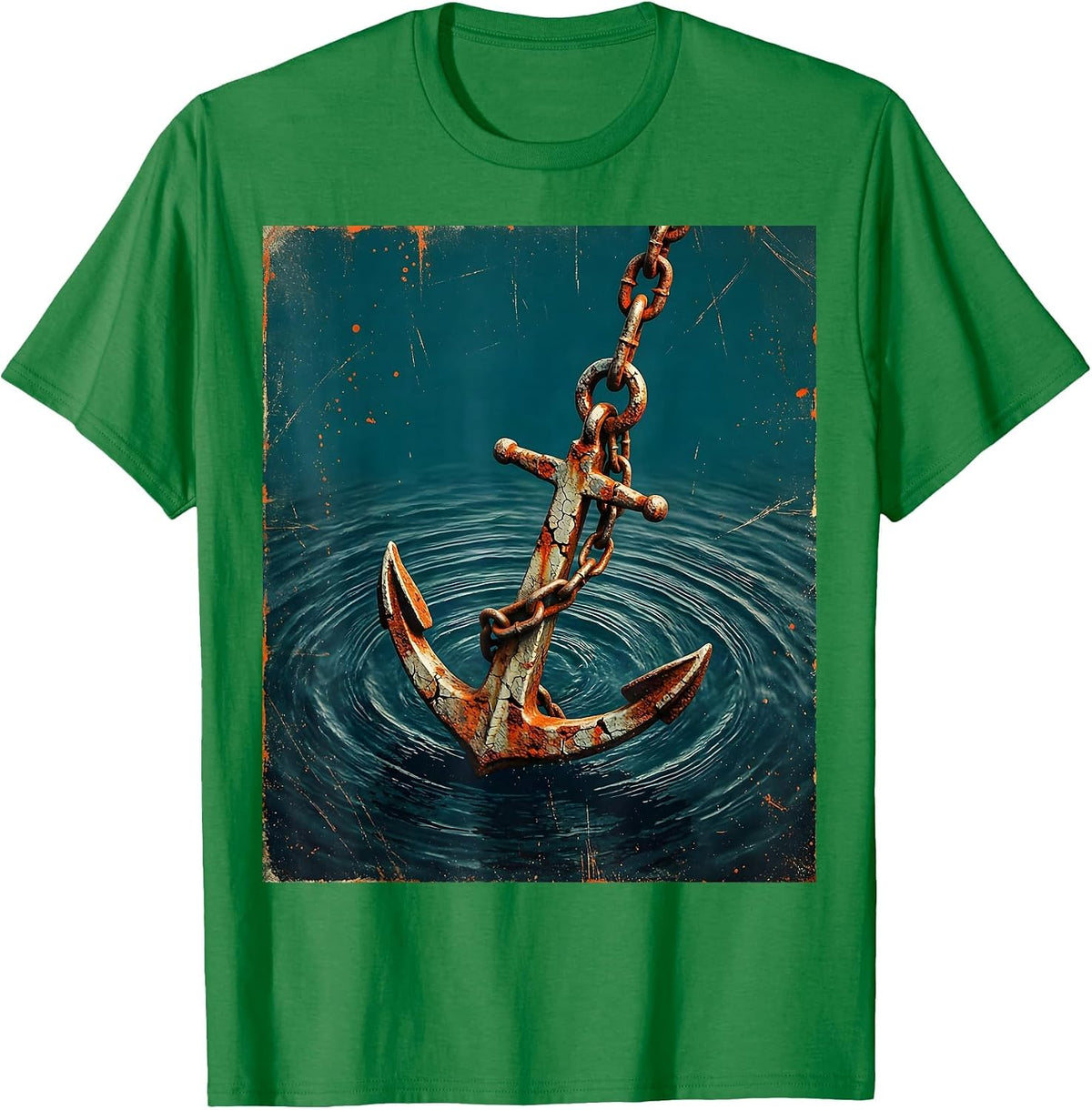 Men's Rowboat Anchor Ocean Depths Fishing Illustration T-Shirt - Kelly Green