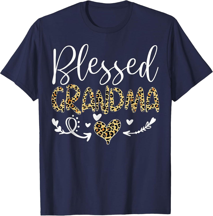 Leopard Blessed Grandma for Grandmother Granny Mimi Mother T-Shirt - Navy Blue