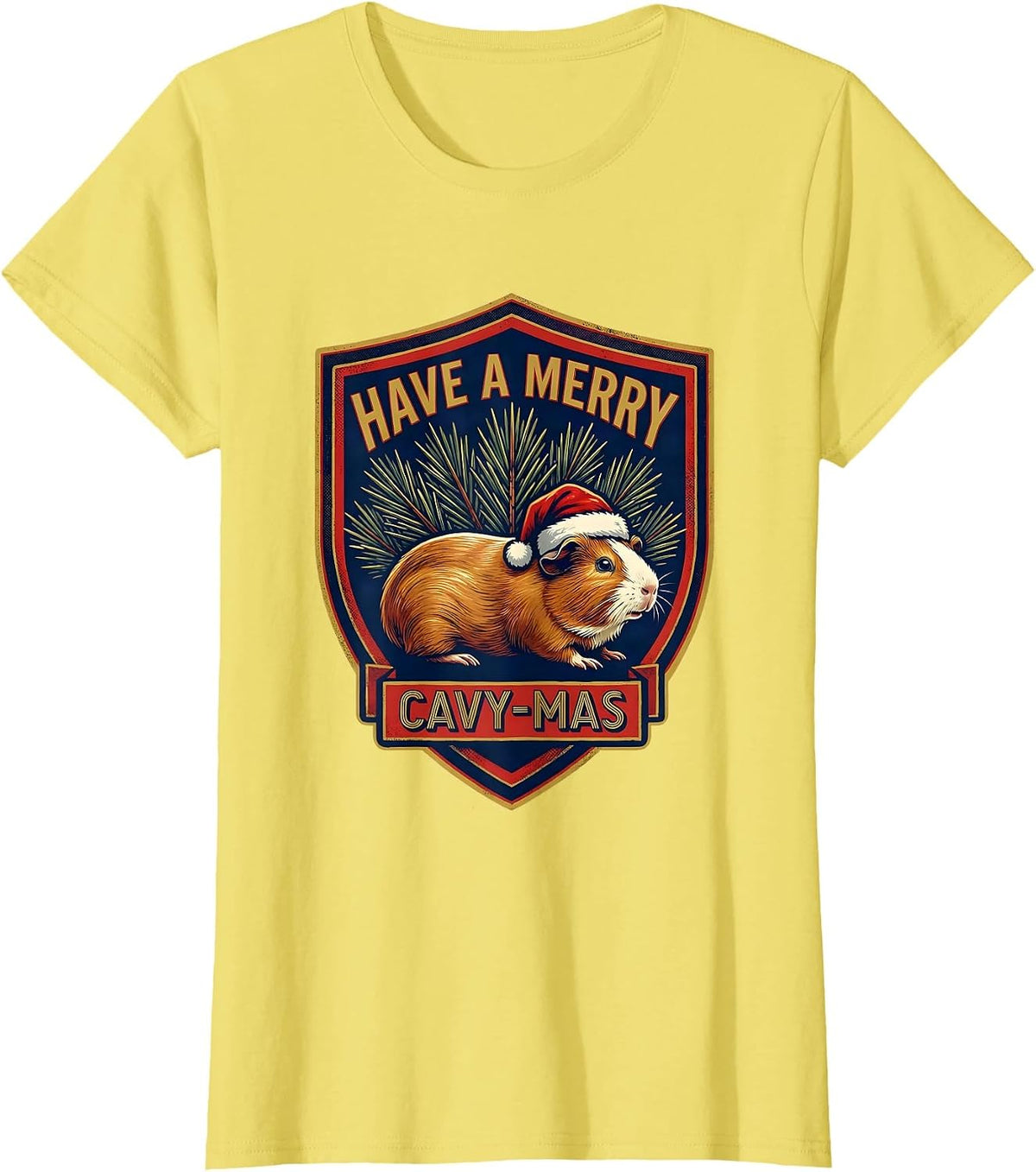 Women's Have A Merry Cavy-mas Funny Guinea Pig Christmas Santa Hat T-Shirt - Lemon Yellow