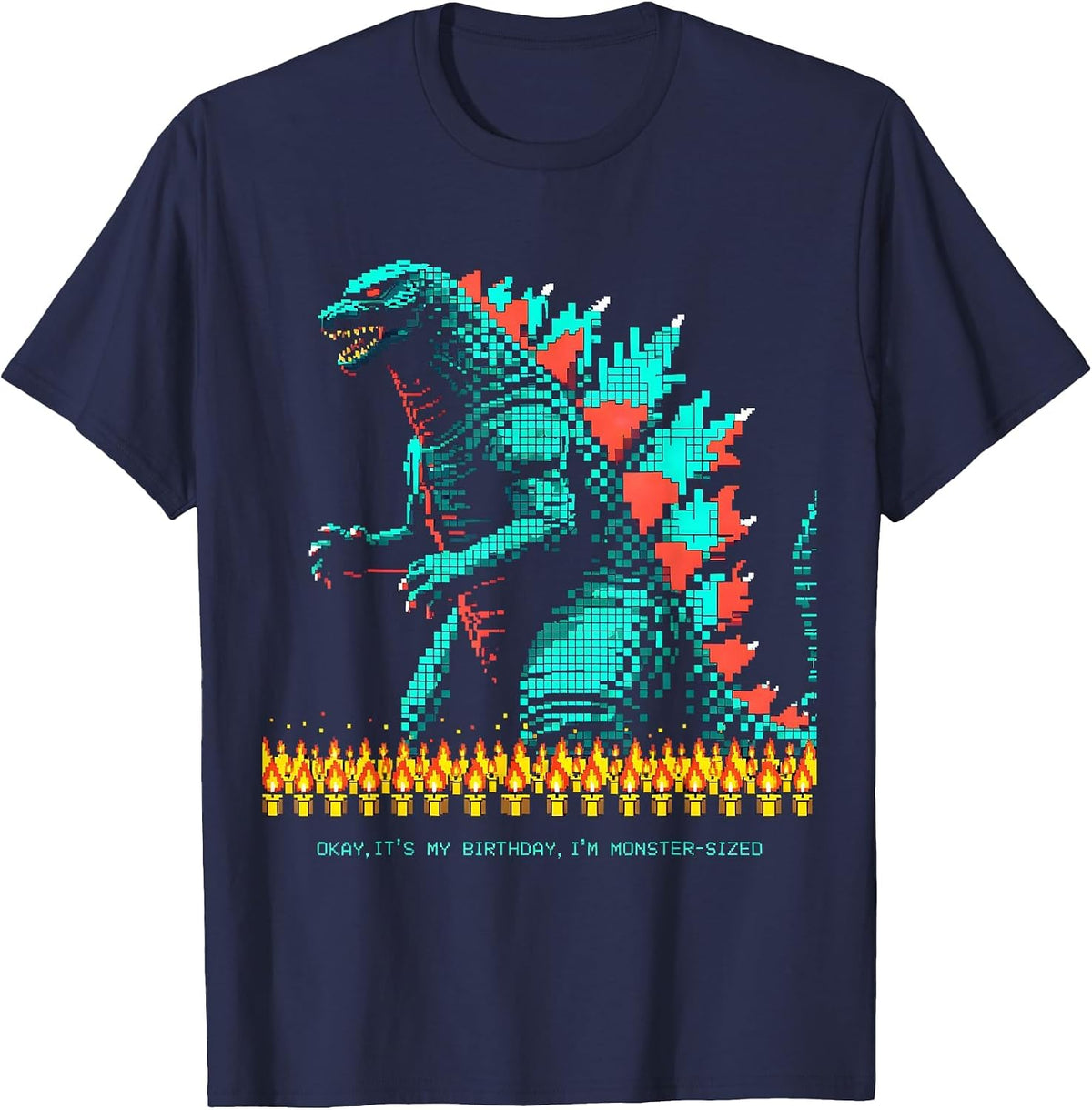 Men's Okay, It's My Birthday, I'm Monster-Sized Pixel Art T-Shirt - Navy Blue