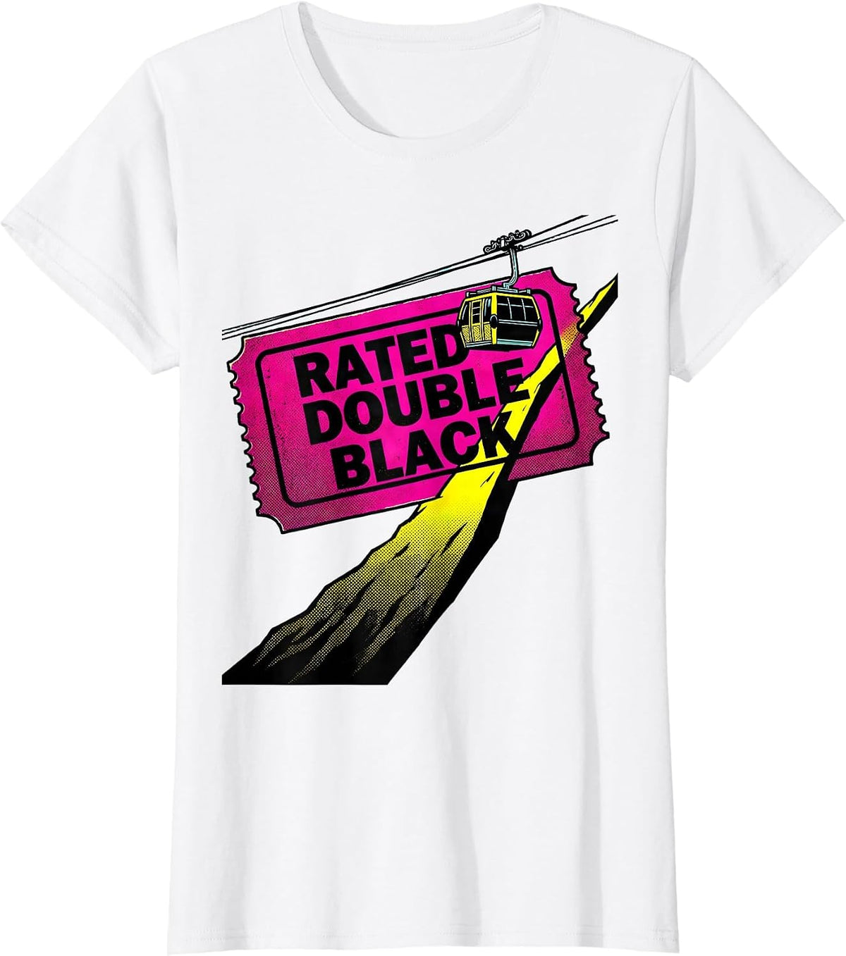 Women's Rated Double Black Pop Art Ski Snowboard Winter Sports Humor T-Shirt - White