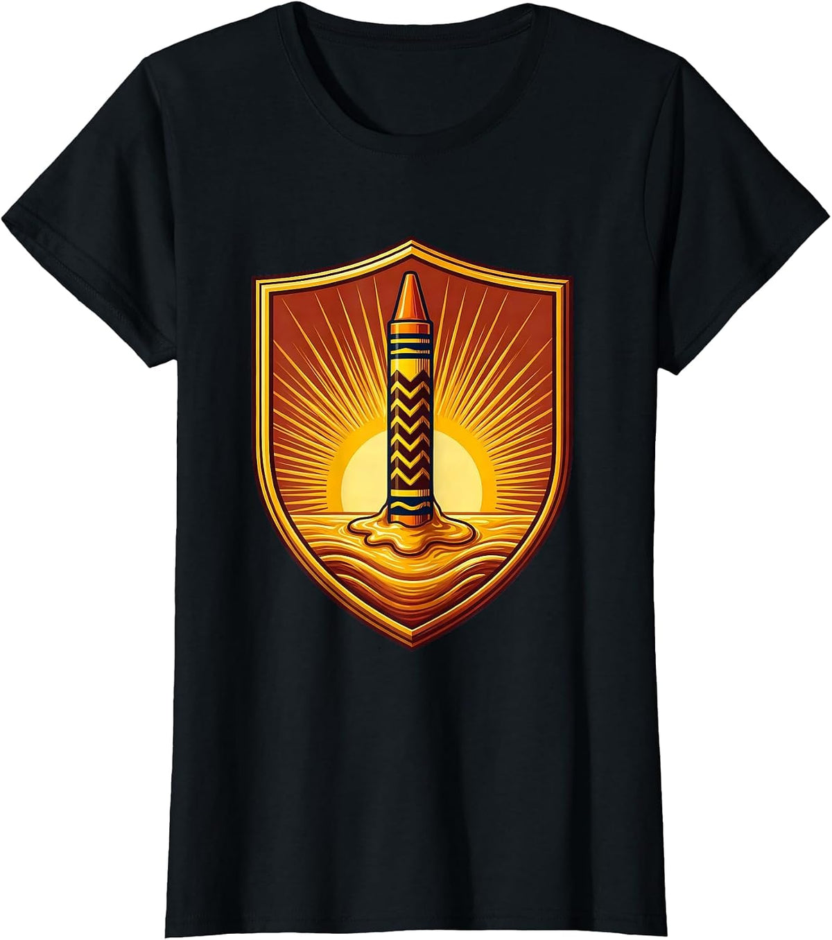 Kindergarten Teacher Crayon Sunrise Illustration T-Shirt - Black