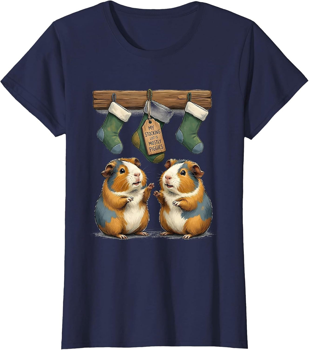 Women's My Stocking List Is Mostly Piggies Storybook Guinea Pig T-Shirt - Navy Blue