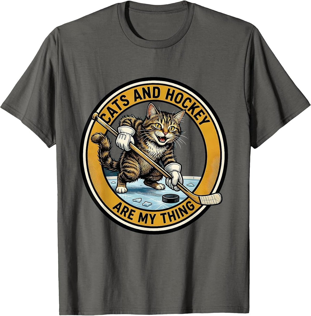 Cats And Hockey Are My Thing Retro Cartoon Cat Lover Hockey T-Shirt - Asphalt Grey