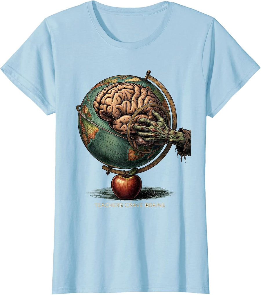 Women's Teachers Crave Brains Vintage Funny Zombie Teacher Halloween T-Shirt - Baby Blue