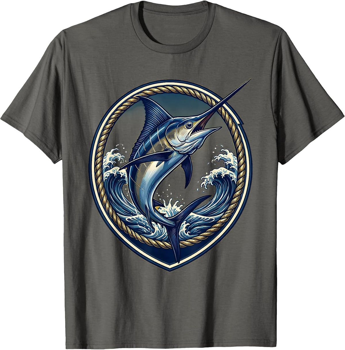 Marlin Leaping Over Ocean Waves Fishing Design T-Shirt - Asphalt Grey
