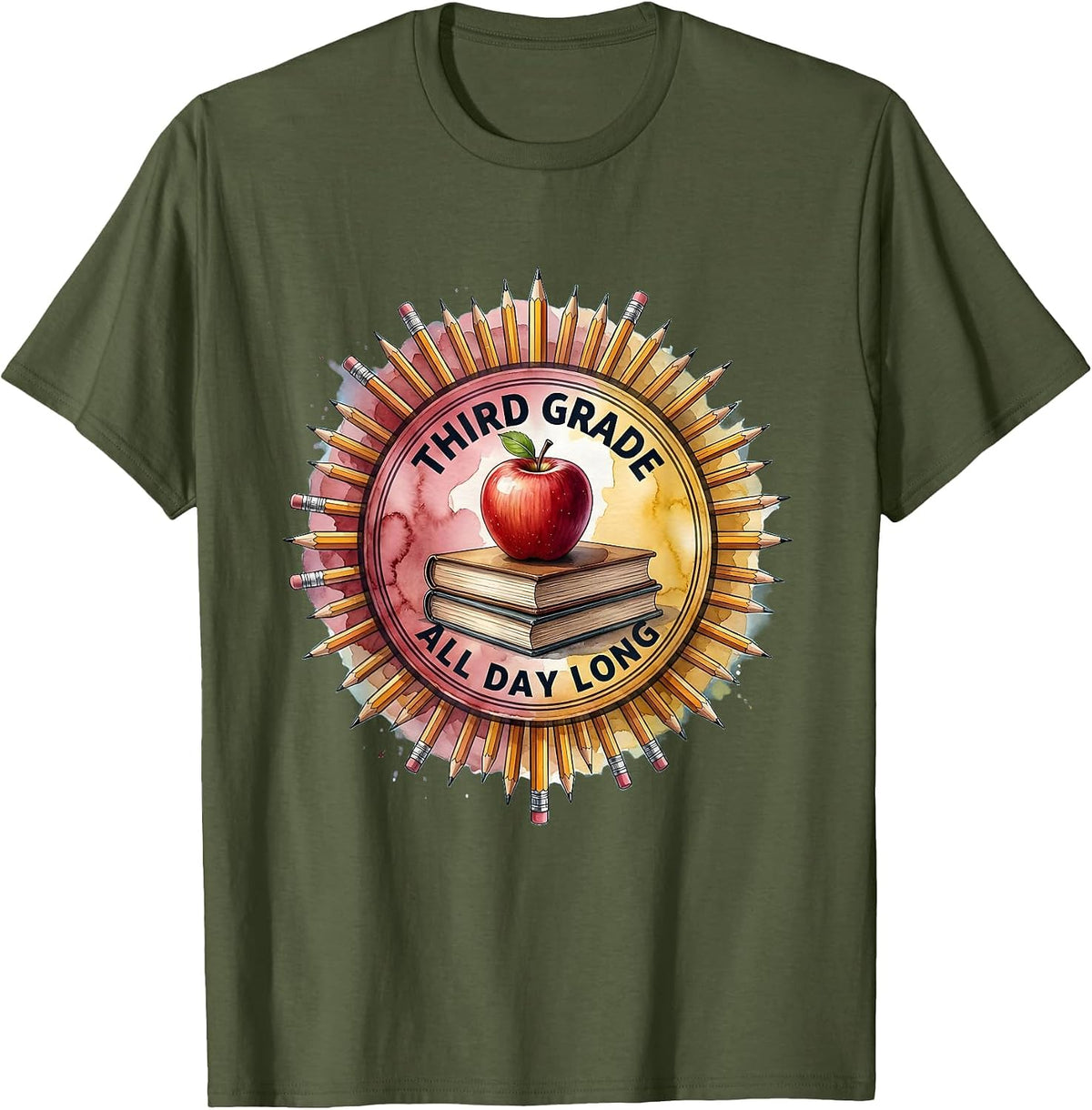 Third Grade All Day Long Teacher Design T-Shirt - Olive Green