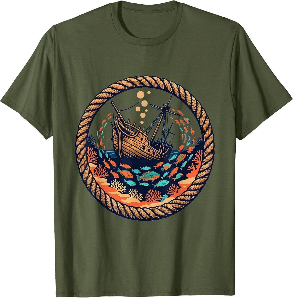 Tropical Fish Shipwreck Hawaiian Ocean Art T-Shirt - Olive Green