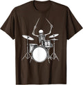 Rock N Roll Drummer Skeleton Playing Drums T-Shirt - Brown