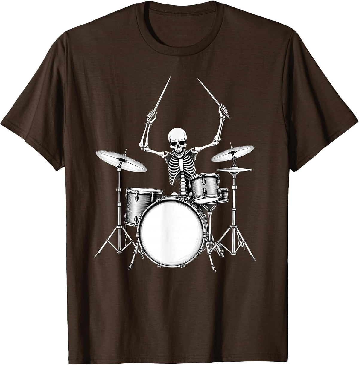 Rock N Roll Drummer Skeleton Playing Drums T-Shirt - Brown
