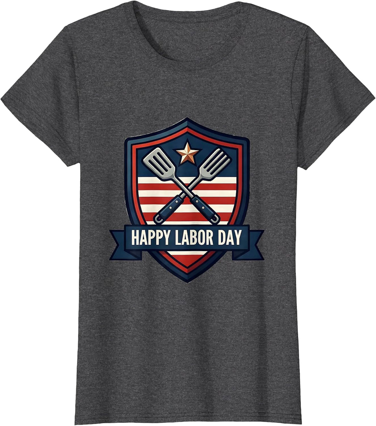 Women's Happy Labor Day Patriotic Americana Shield Emblem BBQ Gift T-Shirt - Dark Heather Grey