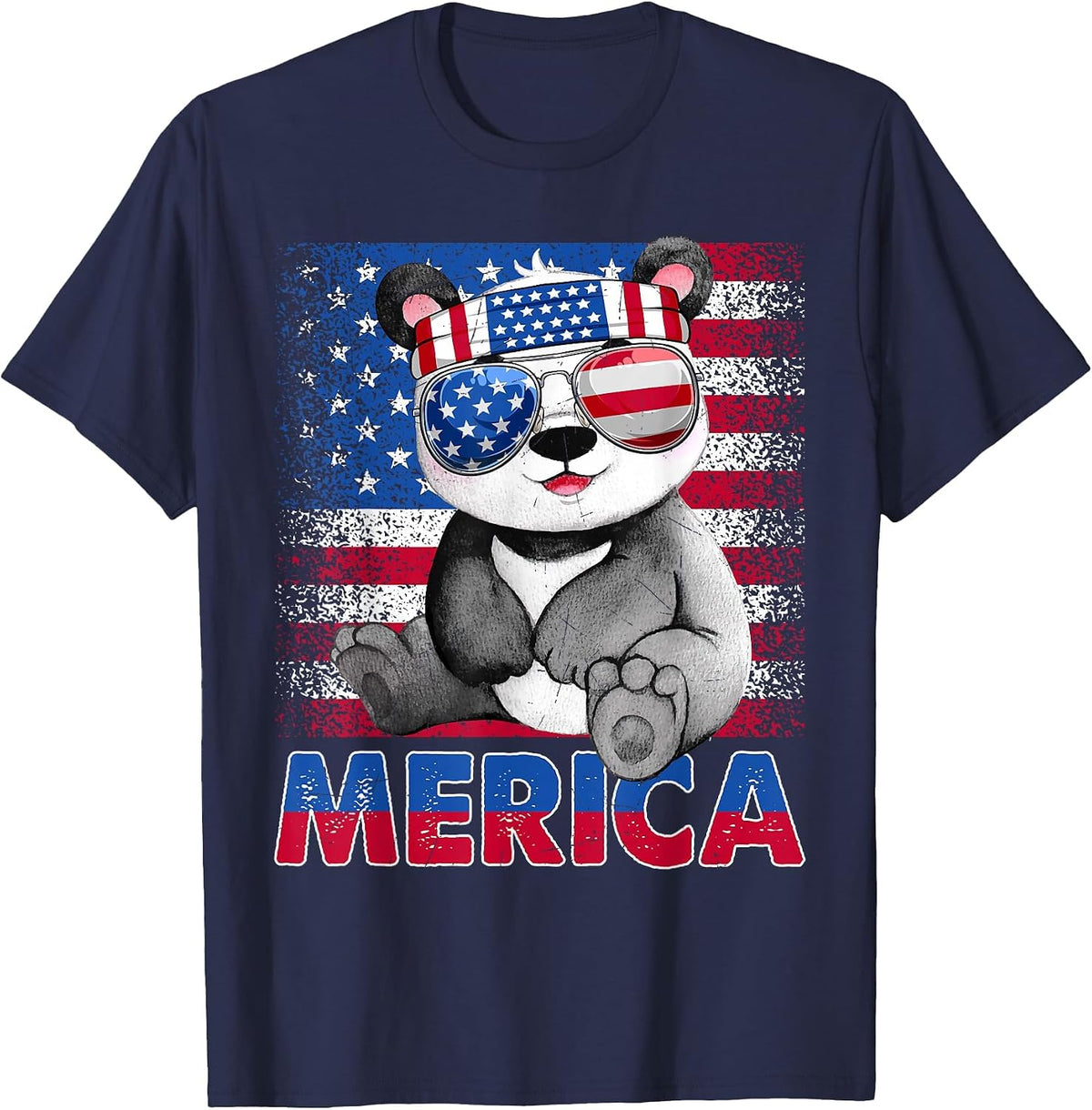 Funny Merica Panda Bear with USA Flag Headband 4th of July T-Shirt - Navy Blue