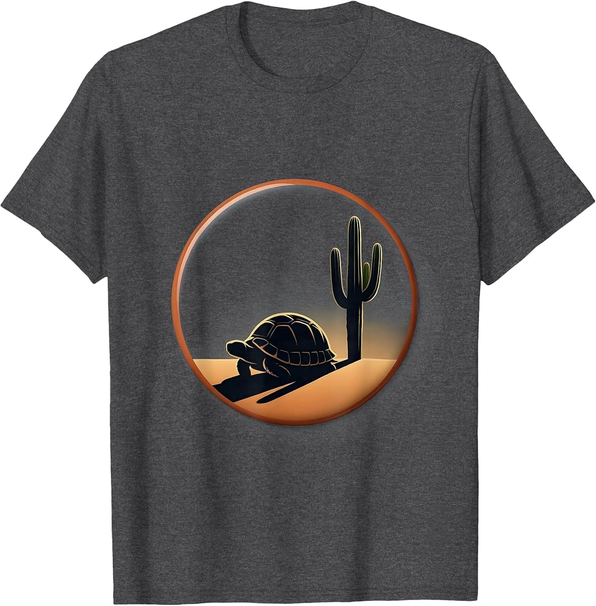 Tortoise Napping Under a Cactus Illustration T-Shirt - Dark Heather Grey