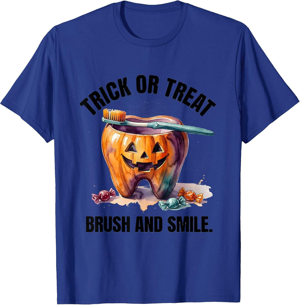 Men's Trick Or Treat, Brush And Smile Watercolor Dental Humor T-Shirt - Royal Blue