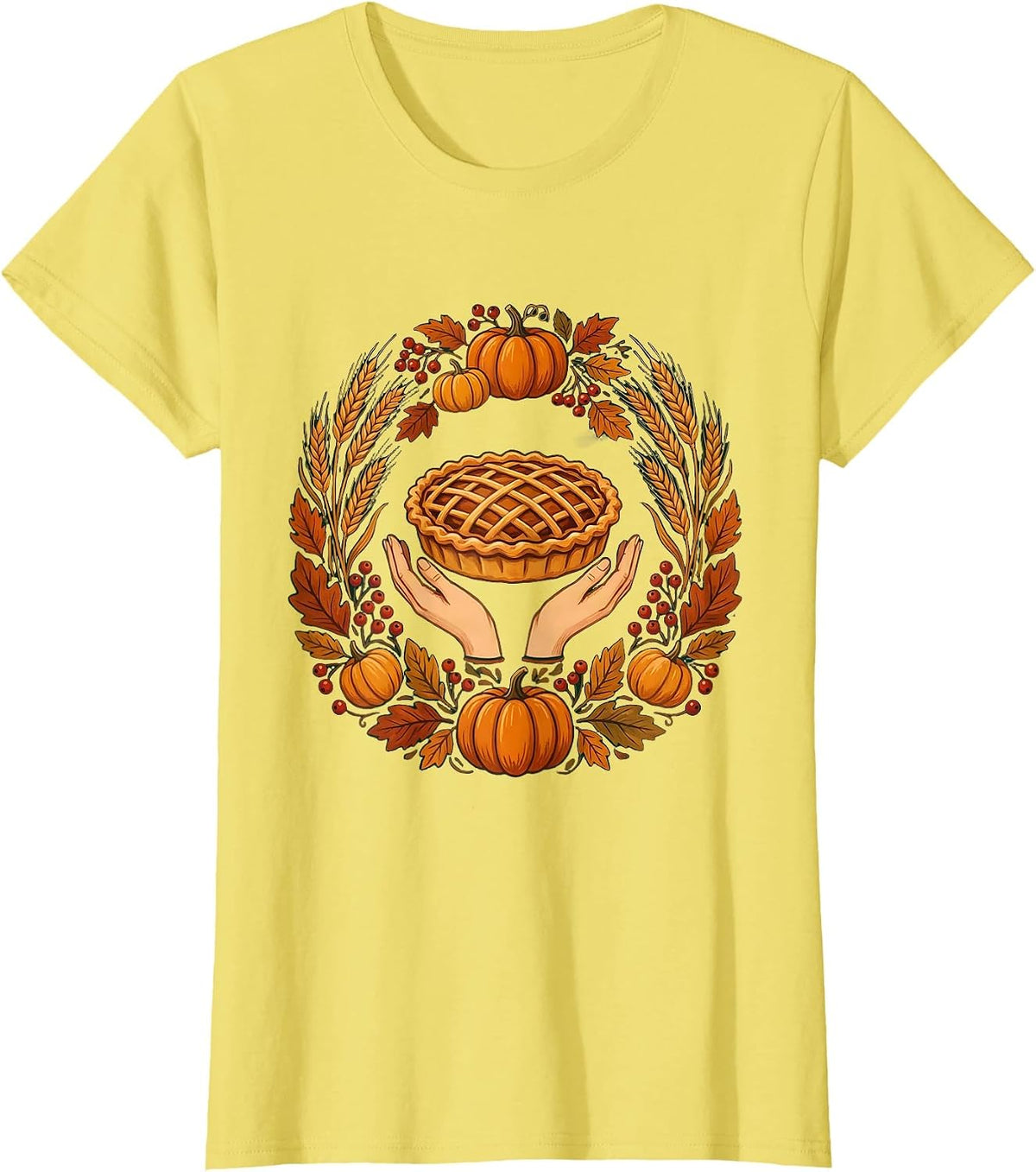 Women's Thanksgiving Pie Cradling Hands Graphic Design T-Shirt - Lemon Yellow