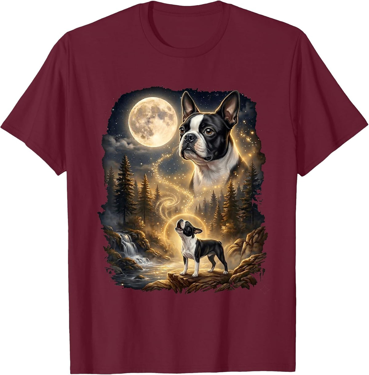Boston Terrier Howling At The Moon Retro T-Shirt - Burgundy