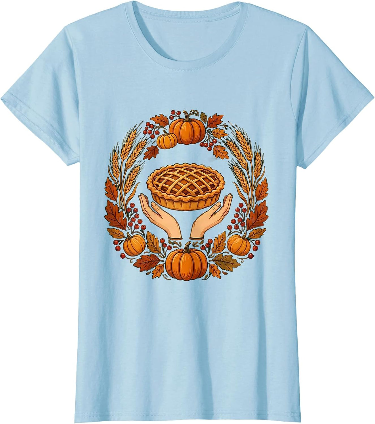 Women's Thanksgiving Pie Cradling Hands Graphic Design T-Shirt - Baby Blue