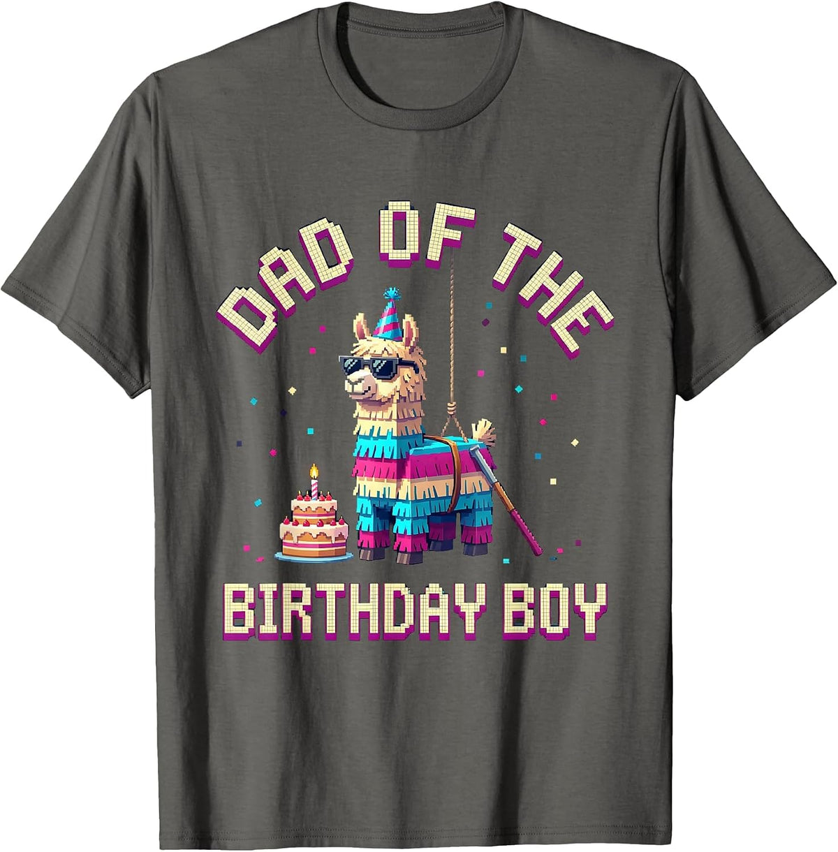 Dad Of The Birthday Boy Pixel Art Llama Pinata Gamer Party T-Shirt - Asphalt Grey