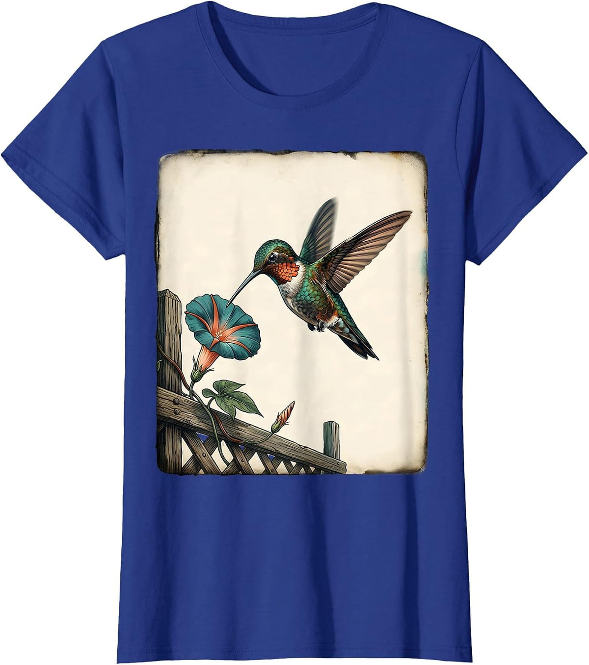Women's Hovering Hummingbird Vintage Birdwatcher Nature Art T-Shirt - Royal Blue