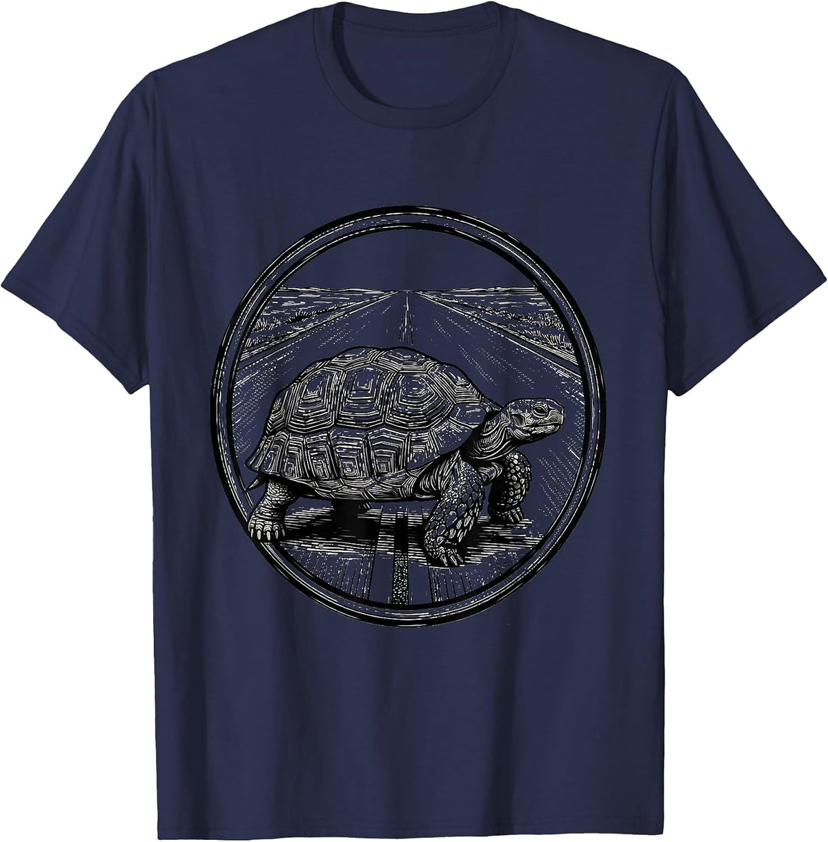 Tortoise On The Open Road Graphic Design T-Shirt - Navy Blue