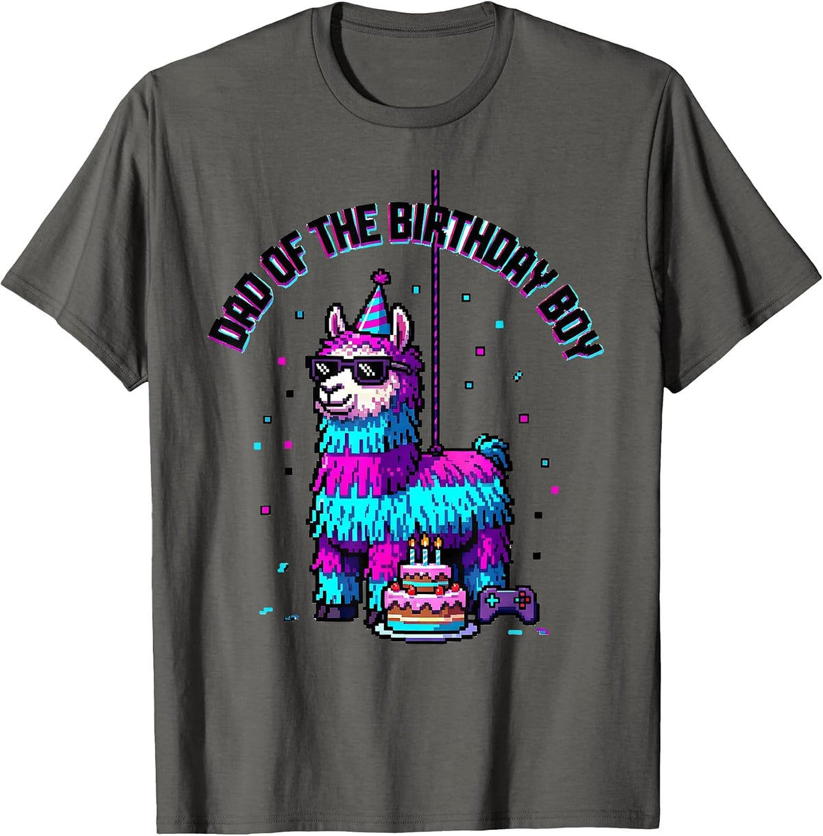 Men's Dad Of The Birthday Boy Pixel Art Llama Piñata Gamer Party T-Shirt - Asphalt Grey