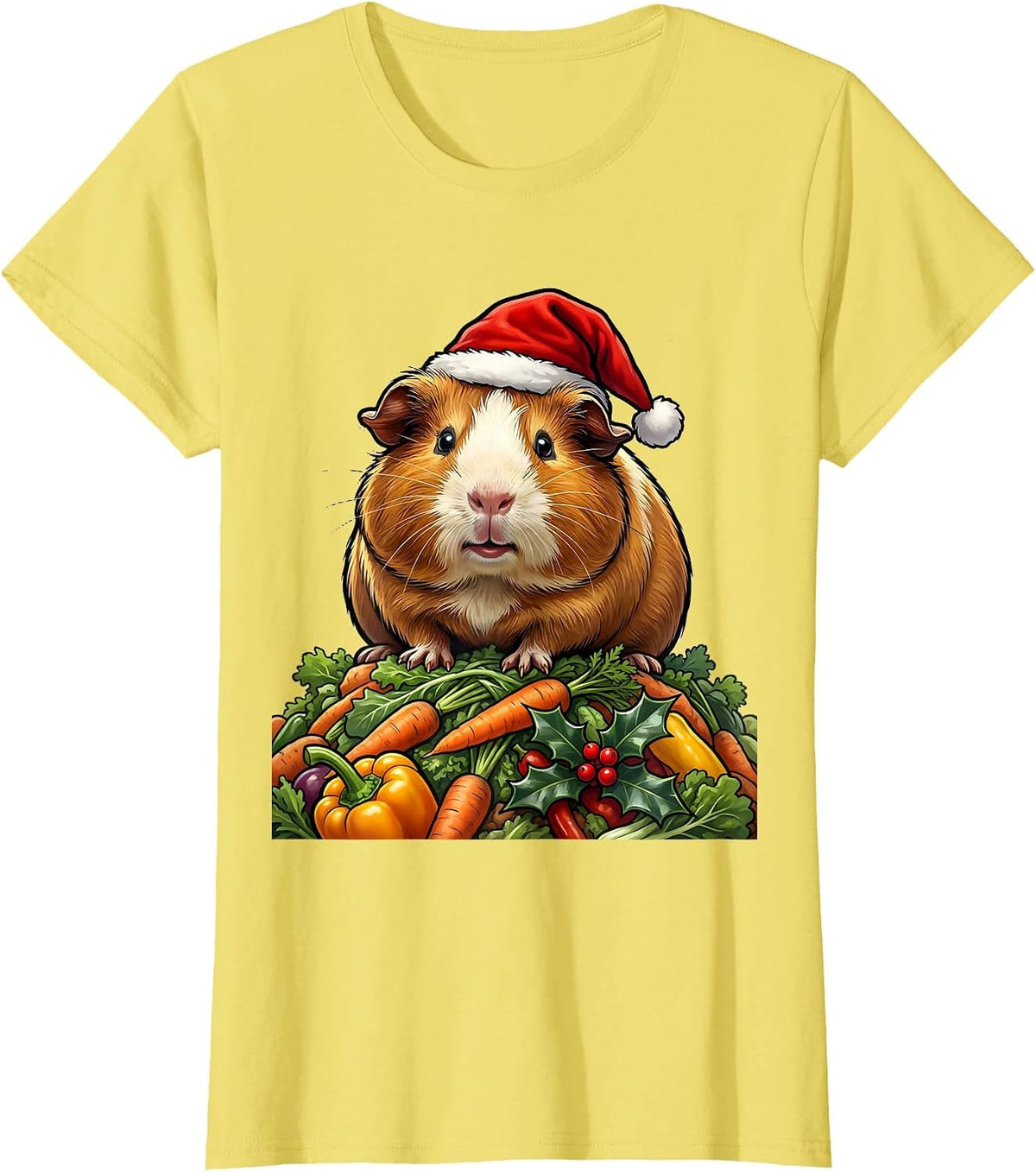 Guinea Pig Santa Hat Cartoon Pet Lover Christmas T-Shirt - Lemon Yellow