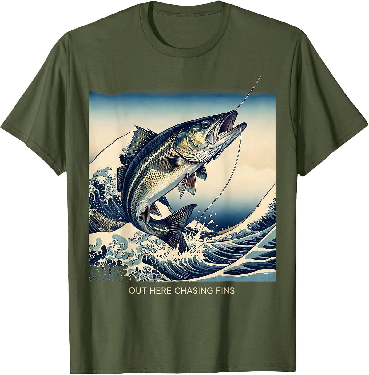 Men's Out Here Chasing Fins Fishing Graphic Design T-Shirt - Olive Green