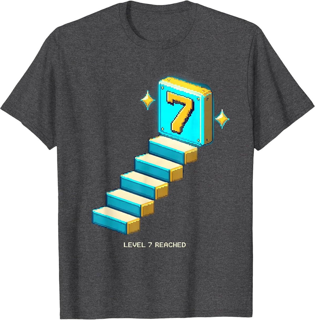Level 7 Reached Pixel Art 7th Birthday Kids Gaming T-Shirt - Dark Heather Grey