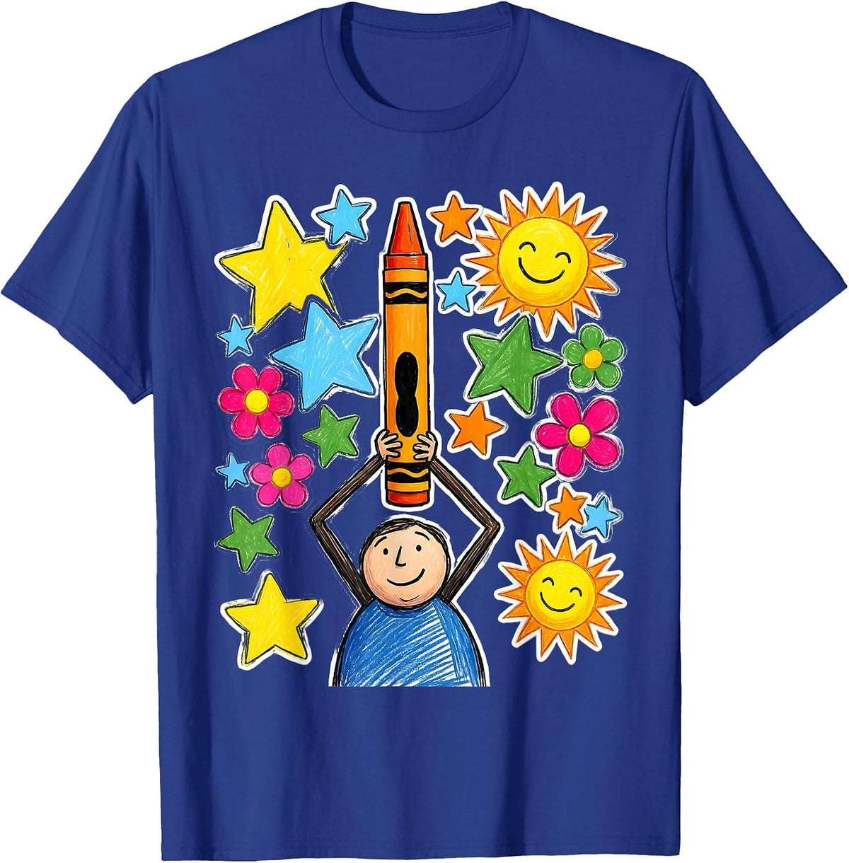 Men's Kindergarten Teacher Crayon Trophy Illustration T-Shirt - Royal Blue
