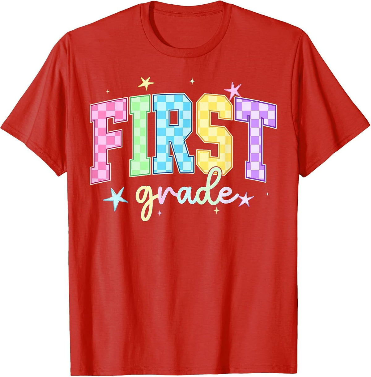 Back to School Checkered First Grade Team Teacher Students T-Shirt - Red