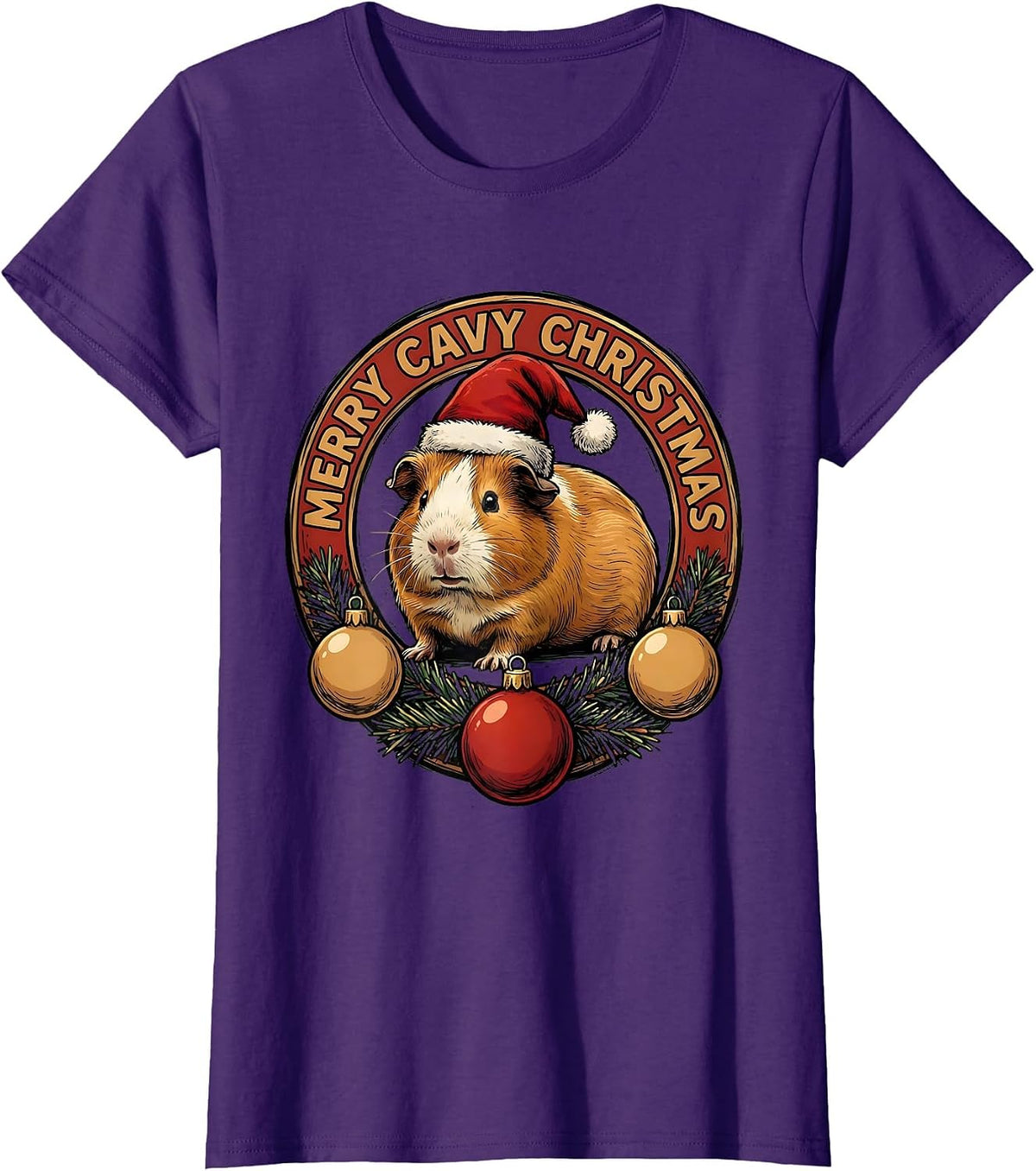 Women's Merry Cavy Christmas Funny Guinea Pig Santa Hat Holiday T-Shirt - Purple
