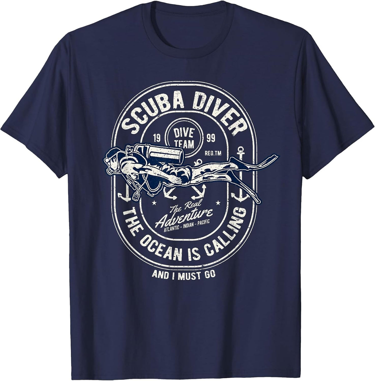 Vintage Retro Diver Distressed Scuba Diving T-Shirt - Navy Blue