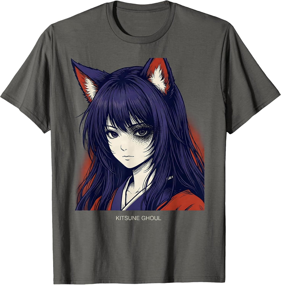Kitsune Ghoul Ukiyo-e Horror Kawaii Goth Anime Girl T-Shirt - Asphalt Grey