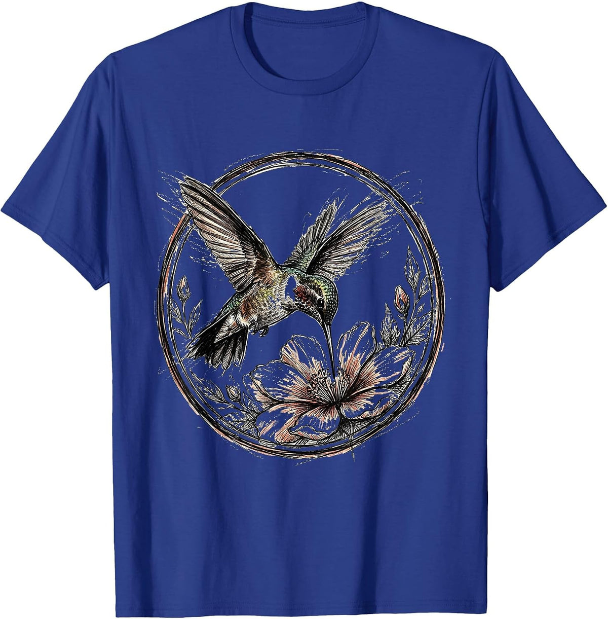 Hummingbird Hovering at Red Blooming Flower T-Shirt - Royal Blue